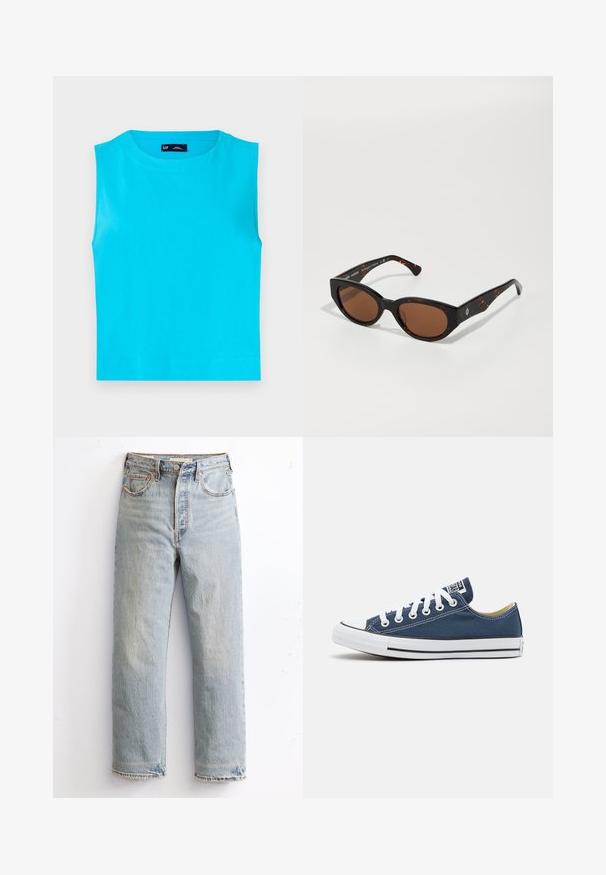 Top sem mangas, de um brilhante tom de turquesa, feito de algodão suave. Apresenta um decote redondo e uma bainha reta e cropped, sem fechos visíveis.; Jeans de denim azul claro com um design de perna reta, apresentando uma bainha desgastada, remaches de cobre e um estilo clássico de cinco bolsos.; Tênis de lona em azul marinho com ilhós e atacadores brancos, apresentando uma biqueira de borracha branca e uma faixa preta ao longo da sola.; Óculos de sol de tartaruga preta com lentes castanhas, design angular e pernas largas com um detalhe discreto do logótipo. Textura de plástico suave.