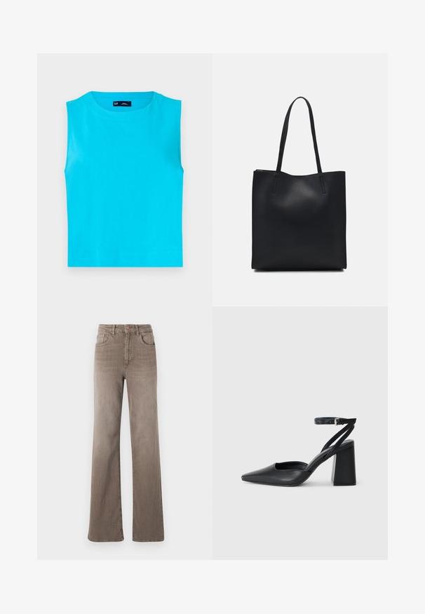 Varrukateta, ere/sinine tipp pehmest puuvillast. Omadused ümmargune kaelus ja sirge, lühike põhjakäär, ilma nähtavate kinnitusteta.; Pruunid kõrge vöökohtadega sirged teksad, millel on ees nupp, vöölõngad ja klassikaline viie tasku disain valgel taustal.; Mustmustest must-käigukingad, millel on konksuga nöör ja paks konts. Ühtlane tekstuur, stiilne disain ja minimalistlik esteetika.; Mustast nahast kott sujuva tekstuuriga, ristkülikukujuline ja kahe pika sangaga. Pole nähtavat riistvara ega kaunistusi.