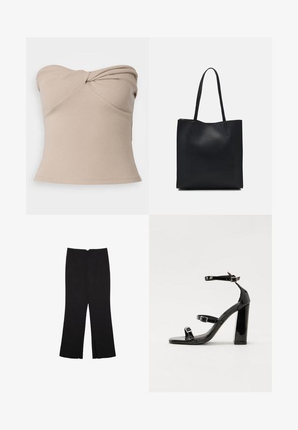 Haut beige, à côtes, sans bretelles avec un design tordu sur le devant. Texture lisse, silhouette ajustée et ourlet qui s'évase légèrement.; Pantalon noir avec une coupe droite, doté de poches avant et d'éclairs sur l'ourlet. Fabriqué en tissu doux et lisse. Convient à diverses occasions.; Sandales à talons vernies noires avec un bout carré, des sangles autour de la cheville et des boucles en argent. Dotées d'un talon bloc épais pour plus de stabilité.; Sac fourre-tout en cuir noir avec une texture lisse, de forme rectangulaire et deux longues poignées. Pas de matériel ou d'ornementations visibles.