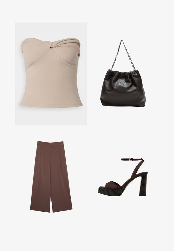 Beige, geripptes, trägerloses Top mit einem verdrehten Design an der Vorderseite. Glatte Textur, figurbetonte Silhouette und ein Saum, der leicht ausgestellt ist.; Braune Weite-Leg-Hosen mit einer glatten Textur, hoher Taille und Vorderfalten. Der Stoff ist leicht und fällt locker.; Braune Wildleder-Pumps mit offenem Zeh, verstellbarem Knöchelriemen und gestreiftem Plateausohlen.; Braune Lederhandtasche mit gerafftem Oberteil und Kettenriemen. Glatte Textur mit glänzendem Finish und subtilen Nahtdetails an den Seiten.