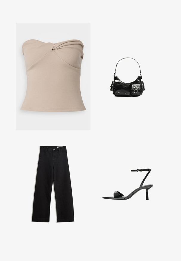 Béžový, p ribkovaný top bez ramienok s prekrúteným dizajnom na prednej strane. Hladká textúra, priliehavý strih a lem, ktorý sa jemne rozširuje.; Čierne denimové nohavice s širokými nohavicami a vysokým pásom, so prednými a zadnými vreckami, šitými švami a zapínaním na gombík. Hladká textúra.; Bershka Sandále na vysokom opätku - black; Čierna laková kožená kabelka s ohnutým tvarom, jedným ramenným popruhom, prednými vreckami a striebornými kovovými doplnkami.