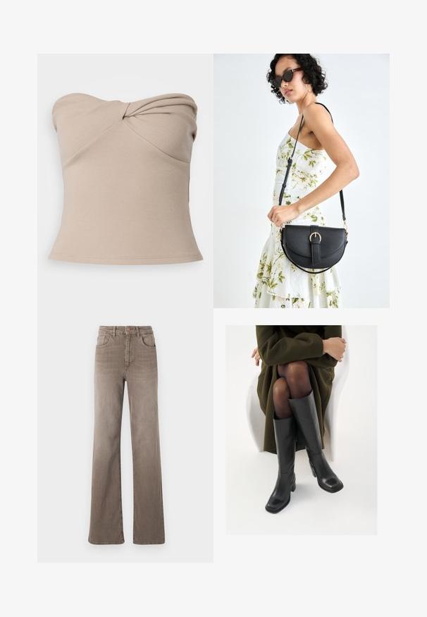 Top beige a coste, senza spalline, con un design attorcigliato sulla parte frontale. Tessuto liscio, silhouette aderente e orlo che si allarga leggermente.; Jeans dritti a vita alta marroni con bottone frontale, passanti per cintura e design classico a cinque tasche su sfondo bianco.; Stivali neri in pelle alti fino al ginocchio con punta squadrata e tacco a blocco, mostrati con un modello seduto in un cappotto verde oliva. Texture liscia, dettagli minimi.; Borsa a tracolla nera in pelle con una forma curva, manico rimovibile e accessori dorati. La borsa presenta una patta con un dettaglio a fibbia.