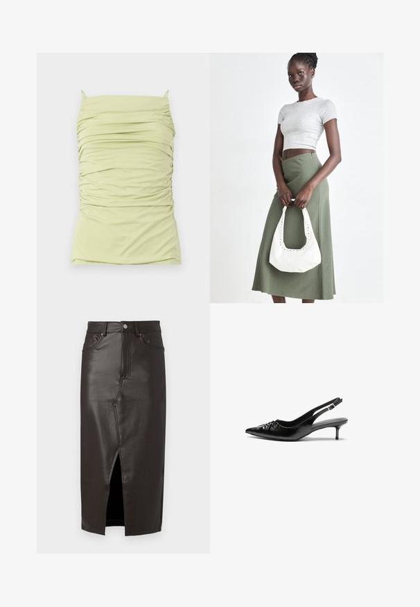 Nařasený světle zelený tílko s tenkými ramínky. Vyrobeno z měkké, pružné tkaniny. Má přiléhavý střih a texturovaný design po celém povrchu.; Hnědá kožená midi sukně s předním rozparkem, designem s pěti kapsami a kovovým zapínáním. Hladká textura a přizpůsobený střih.; Černé kožené lodičky na slingback s špičatou špičkou, malým podpatkem typu kitten a ozdobným uzlem na přední straně. Hladký povrch po celém obvodu.; Šedý pruhovaný crop top a olivově zelená sukně s vysokým pasem. Modelka drží bílou kabelku přes rameno s výřezovými detaily. Jednoduchý design, přiléhavý silueta.