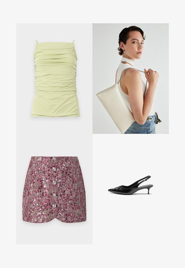 Rõhitud, helesinine top, millel on õhukesed rihmad. Valmistatud pehmest ja venivast kangast. Omab sobivat siluetti ja tekstureeritud disaini kogu ulatuses.; Roosa sädelev seelik, millel on tekstuuriga kude, sobiva disainiga ja viie hõbedase nupu pikkusega ees. Kujundatud äär ja säravad aktsendid.; Musthave nahkased kõrged kontsad, millel on terav varvas, väike kitten-kont ja dekoratiivne sõlm ees. Ühtlane sile tekstuur.; Valge ristkülikuline kotti, mis on valmistatud läikivast materjalist, hõbedase ahelsangaga. Mudel poseerib, tutvustades kotti ühtlase taustaga.