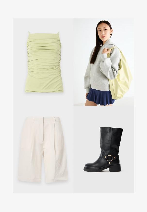 Raffiniertes, hellgrünes Tanktop mit dünnen Trägern. Hergestellt aus weichem, elastischem Stoff. Verfügt über eine figurbetonte Silhouette und ein strukturiertes Design.; Weiße Leinen-Shorts mit einem maßgeschneiderten Design, gefältelter Vorderseite und weiten Beinschlitzen. Glatte Textur und eine Länge bis zur Mitte des Oberschenkels.; Schwarze Lederstiefel bis zur Mitte der Waden mit breitem Absatz und dekorativem Riemen, der mit einer goldenen runden Schnalle verziert ist, auf einem weißen Hintergrund.; Grauer, übergroßer Hoodie mit Kängurutasche, kombiniert mit einem marineblauen, ausgestellten Rock. Accessoire: großer, hellgelber Rucksack mit glatter Textur.
