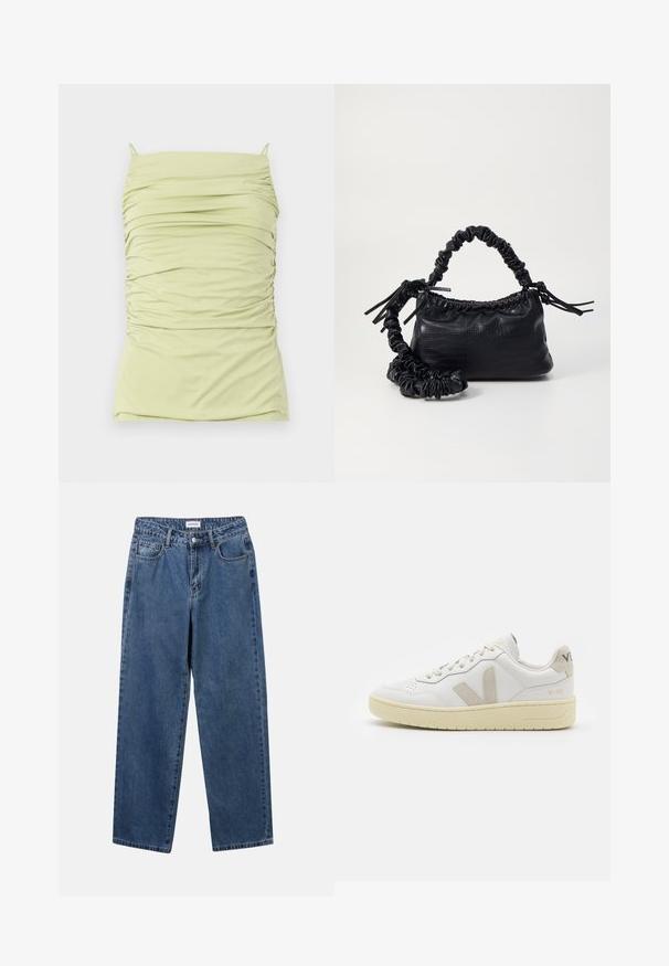 Ruched, light green tank top with thin straps. Made of soft, stretchy fabric. Features a fitted silhouette and textured design throughout.; Classic blue denim jeans with a straight-leg design, five pockets, and a button closure. Features a medium wash and sturdy texture.; White leather sneaker with beige suede accents, perforated toe box, flat laces, and a textured cream sole. Features subtle branding on heel.; Black faux leather handbag with a crocodile texture, cinched top, and a scrunched strap. Appears soft and compact in design.