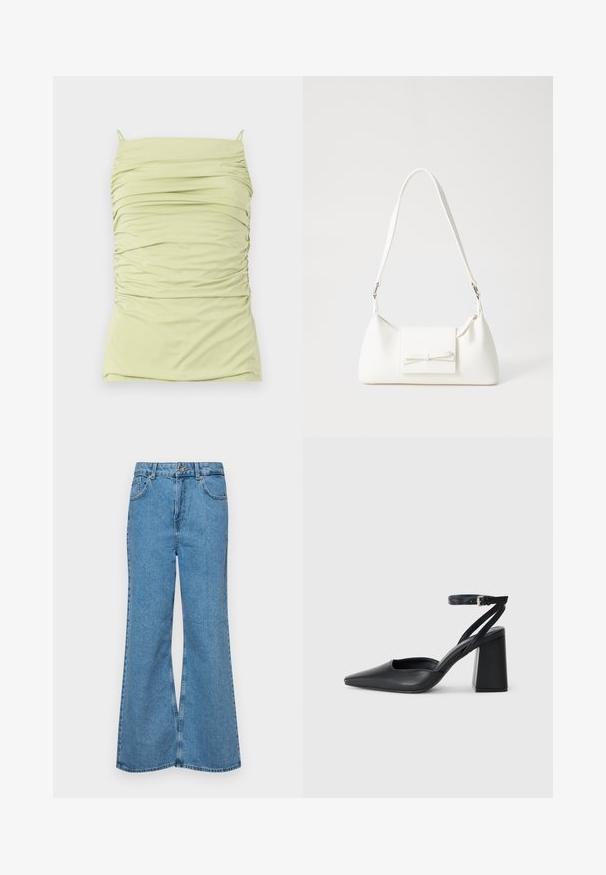 Ruched, light green tank top with thin straps. Made of soft, stretchy fabric. Features a fitted silhouette and textured design throughout.; Light blue flared jeans made of denim, featuring a high waist, five pockets, and a single button closure. Soft texture with faded finish.; Black leather pointy-toe pump with an ankle strap and a chunky heel. Flat texture, sleek design, and minimalistic aesthetics.; White synthetic handbag with a triangular shape, flat front flap and bow detail, adjustable strap, smooth texture, and minimalistic design.