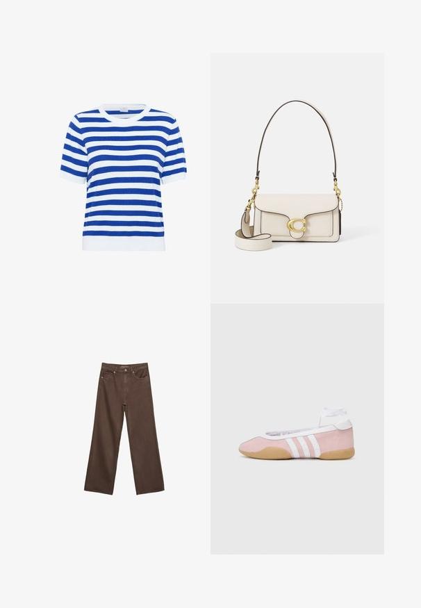Modrý a bílý pruhovaný krátkozrnný svetr s kulatým výstřihem, pletenou strukturou a žebrovými manžetami a lemem.; Hnědé džíny s širokými nohavicemi vyrobené z denimu, s vysokým pasem, předními kapsami a klasickým zapínáním na knoflík. Hladká textura s jemným švem.; adidas Originals TAEKWONDO MEI BALLET - Tenisky - clear pink/ftwr white/gum; Krémová kožená kabelka se strukturovaným designem, kontrastními černými okraji, zlatými kovovými prvky a odnímatelným popruhem s podpisovým logem.; Zlatý kovový náramek hodinek od Daniel Wellington s kulatým černým ciferníkem, zlatými hodinovými značkami a logem na pozici 12 hodin. Jednoduchý, elegantní design.