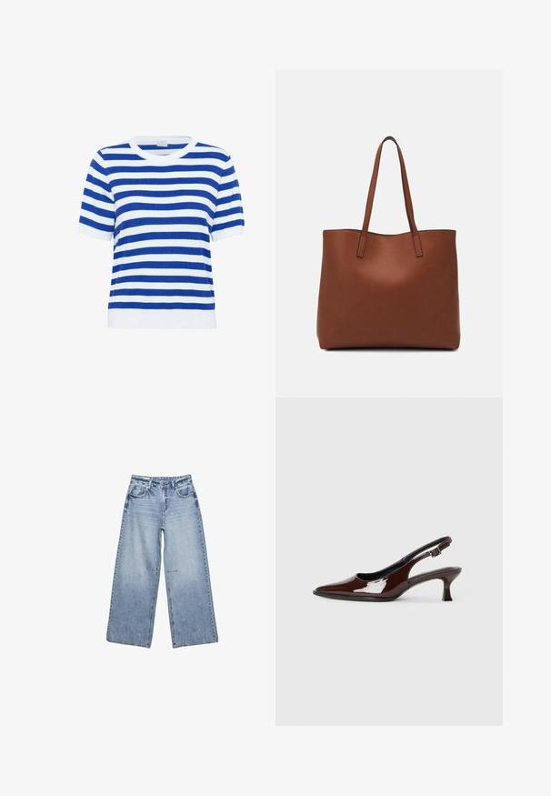 Blue and white striped short-sleeve sweater with a round neckline, knit texture, and ribbed cuffs and hem.; Light blue wide-leg jeans made of denim, featuring a high waist, five pockets, and subtle fading, with raw hems.; Brown patent leather slingback shoe with a pointed toe and a moderate heel. Features a buckle strap for secure fit. Smooth texture.; Brown leather tote bag with a smooth texture, open top design, and two shoulder straps. Features minimal stitching and no visible hardware.