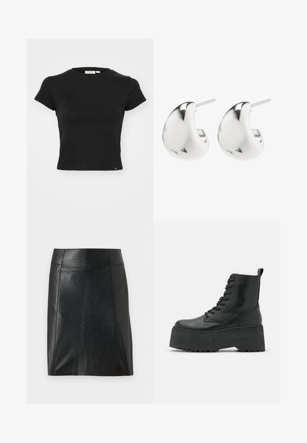 Črna majica s kratkimi rokavi iz bombaža, z okroglim izrezom, prilegajočim krojem in majhno oznako logotipa na robu.; Črna usnjena krilo s prilegajočo zasnovo. Gladka tekstura, šivi, ki obdajajo obliko, in ravna obroba. Minimalističen in eleganten videz.; Črne gležnjarje na debelih podplatih, izdelane iz gladkega usnja, s vezalnim dizajnom in zanka za pomoč pri obuvanju na hrbtni strani.; Srebrne uhane s studom z gladkim, ukrivljenim dizajnom. Imajo polirano površino in zaponko za varno nošenje.