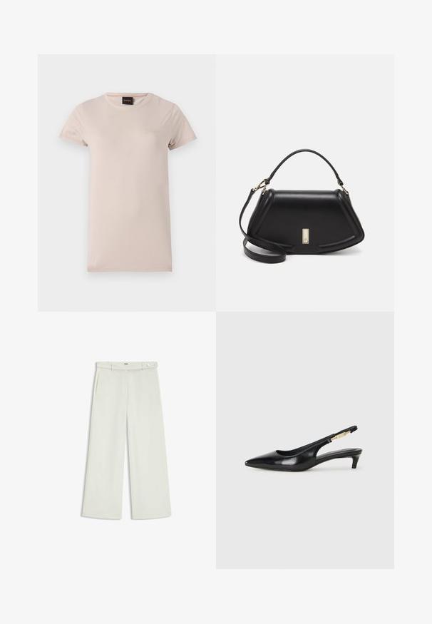 Light pink short-sleeve t-shirt made from soft fabric. Features a round neckline and an embroidered logo on the chest.; Wide-leg pants in light cream fabric, featuring side pockets, a flat front, and a single button closure at the waist. Smooth texture.; Black leather slingback heels with a pointed toe, featuring a slim heel and a gold-tone accent on the adjustable strap. Smooth texture.; Black leather handbag with a structured design, featuring a cropped shape, top handle, and gold hardware accent. Adjustable shoulder strap included.