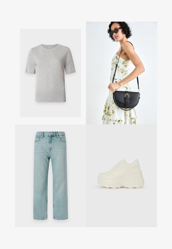 Graues T-Shirt mit kurzen Ärmeln aus weichem Material. Hat einen Rundhalsausschnitt und eine lässige Passform. Schlichtes Design ohne Muster oder Akzente.; Hellblaue weit geschnittene Jeans aus Denim, mit einem klassischen Fünf-Taschen-Design, klaren Linien und einem regulären Bund mit Knopfverschluss.; Weiße Platform Sneakers mit einem glatten, lederähnlichen Obermaterial, abgerundeter Form, gepolstertem Kragen und strukturierten Gummisohlen mit ausgeprägten Stollen.; Schwarze Lederhandtasche mit geschwungener Form, abnehmbarem Tragegurt und goldenen Beschlägen. Die Tasche verfügt über einen Deckel mit einer Schnallen-Details.