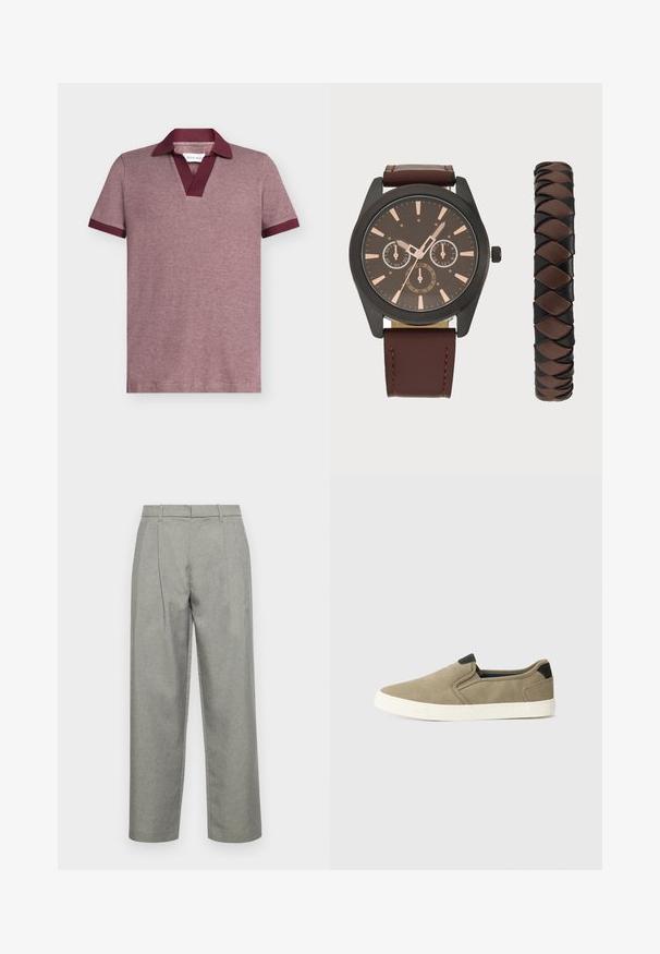 Rövid ujjú póló texturált bordó anyagból, sötét bordó kontrasztos gallérral és mandzsettákkal. V-nyak kialakítással.; Szürke, fazonra készült nadrág texturált anyagból, egyenes szárú kialakítással, elöl redőkkel, és normál derékpánttal, övbujtatókkal.; Taupe slip-on cipők texturált szövet felsőrésszel, kontrasztos fekete sarokkal és fehér gumitalppal. Perforált dizájn a lélegzőképesség érdekében.; Pier One SET - Karóra - black/brown