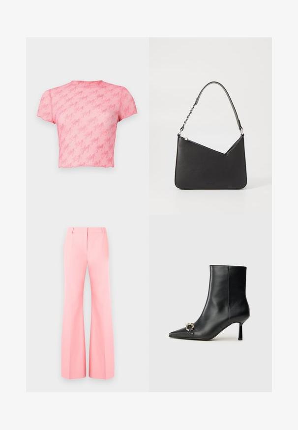 Rožinė trumpa palaidinė su pasikartojančiu logotipo raštu šiek tiek tamsesnėje atspalvyje. Pagaminta iš lygaus, tamprumo medžiagos, turi apvalų iškirptę ir trumpas rankoves.; Rožinės plačios kelnės su pritaikyta konstrukcija, turinčios lygią priekį ir tvarkingai presuotas raukšles. Lygus audinys ir aukštas juosmuo.; Juodas odinis apavas iki kulkšnies su smailiu nosiu, plonu vidutinio aukščio kulnu ir sidabriniu sagties akcentu šone, prieš paprastą foną.; Juodos odos rankinė trikampio formos, su siauru dirželiu ir sidabriniais aksesuarais. Yra užtrauktuko uždarymas ir iškilmingas logotipas priekyje.