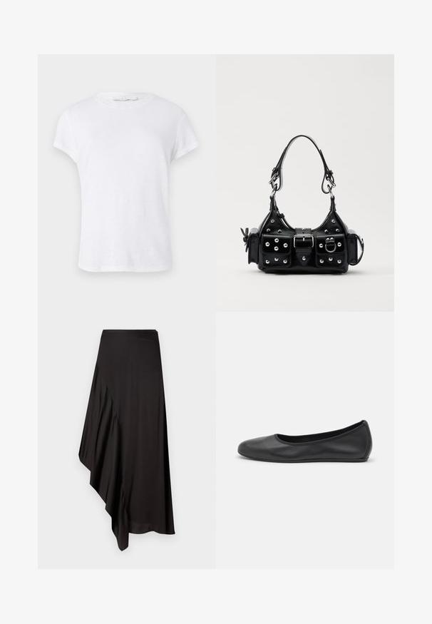 White short-sleeve t-shirt with a round neckline, crafted from lightweight fabric, featuring a simple, clean design without embellishments.; AERON ASTER SKIRT - Pencil skirt - black; Black leather ballet flat with a rounded toe, smooth texture, minimal stitching detail, and a flexible sole design.; Black leather handbag with a curved design, featuring silver studs, a buckle, and two side pockets. Adjustable strap for carrying options.