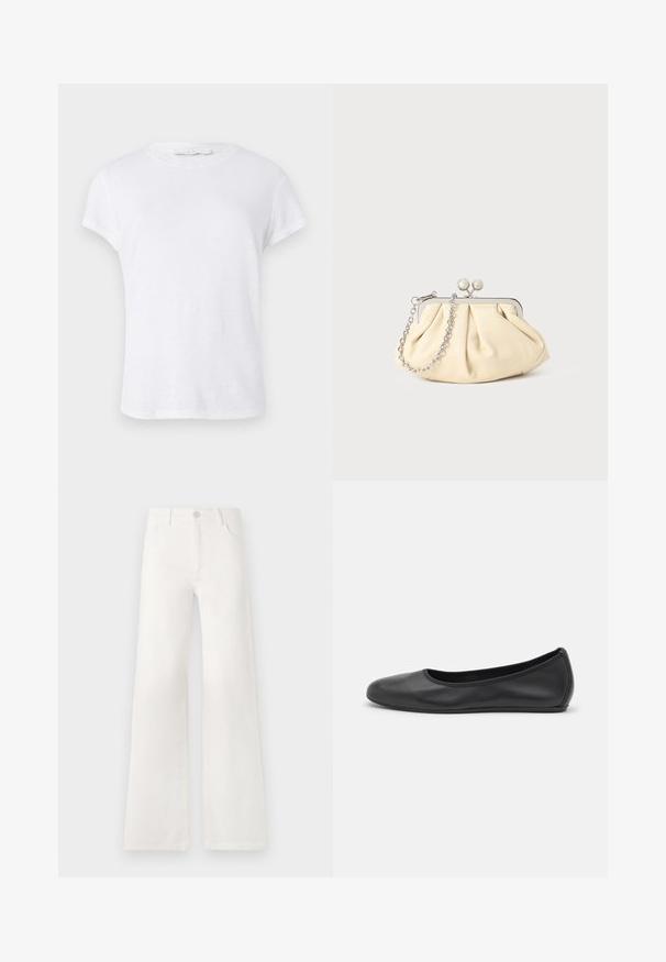T-shirt branca de manga curta com decote redondo, confeccionada em tecido leve, apresentando um design simples e limpo, sem adornos.; Jeans brancos, de cintura alta e pernas largas, feitos de denim. Apresentam um fecho de botão, dois bolsos frontais e costuras detalhadas nas laterais.; Bailarina preta em pele com bico arredondado, textura suave, detalhe de costura minimalista e design de sola flexível.; Clutch de couro bege plissado com uma estrutura de metal prateado, apresentando dois fechos decorativos redondos e uma alça de corrente prateada.