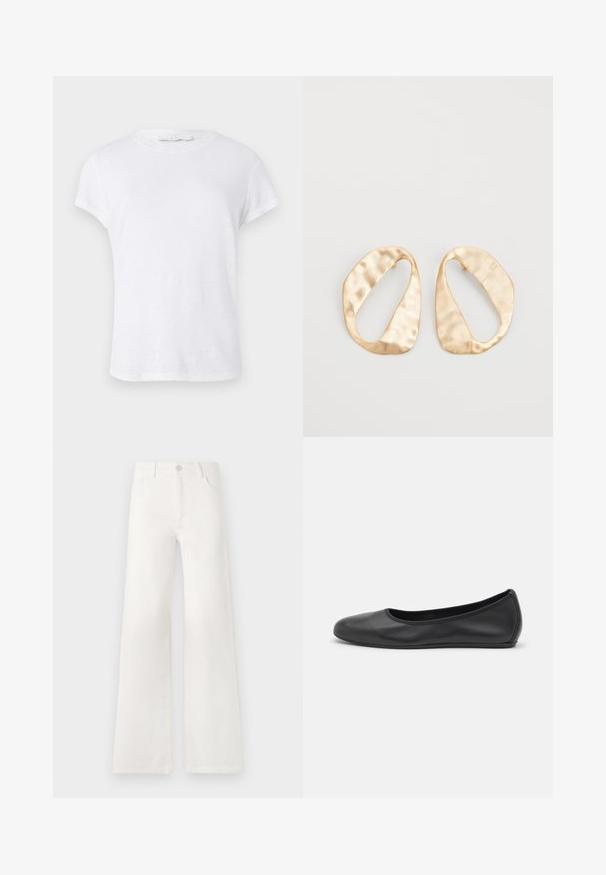 Weißes T-Shirt mit kurzen Ärmeln und rundem Halsausschnitt, aus leichtem Stoff gefertigt, mit einem einfachen, schlichten Design ohne Verzierungen.; Weiße, hoch taillierte, weite Jeans aus Denim. Verfügt über einen Knopfverschluss, zwei Fronttaschen und Seitennähte mit Stickdetails.; Schwarze Leder-Ballettschuhe mit abgerundeter Spitze, glatter Textur, minimalen Nähdetails und einem flexiblen Sohlen-Design.; Ein Paar unregelmäßige, oval geformte Ohrringe aus goldfarbenem Metall mit einer strukturierten, leicht gehämmerten Oberfläche auf weißem Hintergrund.