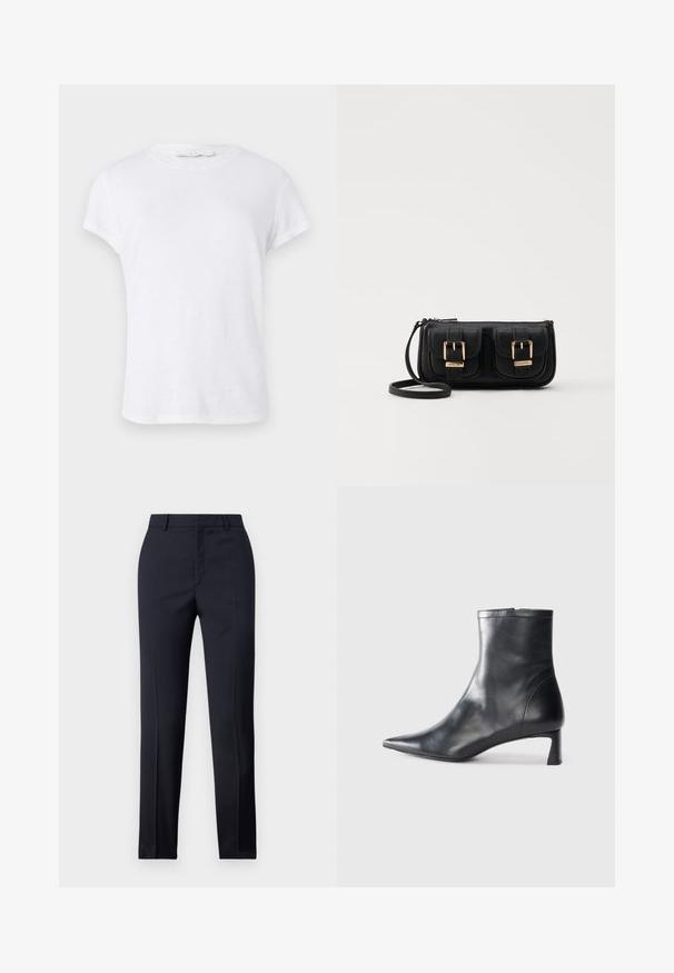 Biela krátka rukávová tričko s okrúhlym výstrihom, vyrobené z ľahkej látky, s jednoduchým, čistým dizajnom bez ozdôb.; Námornícke nohavice s rovnými nohavicami, so hladkou textúrou, dvoma prednými vreckami a čistým pásom.; Čierne kožené členkové topánky s špicatou špičkou a elegantným dizajnom. Majú nízky podpätok a zips na zadnej strane. Hladká textúra.; Čierna kožená crossbody taška s dvoma prednými vreckami, zlatými sponami, zipsovým uzatváraním a úzkym popruhom. Štruktúrovaný povrch a kompaktný obdĺžnikový tvar.