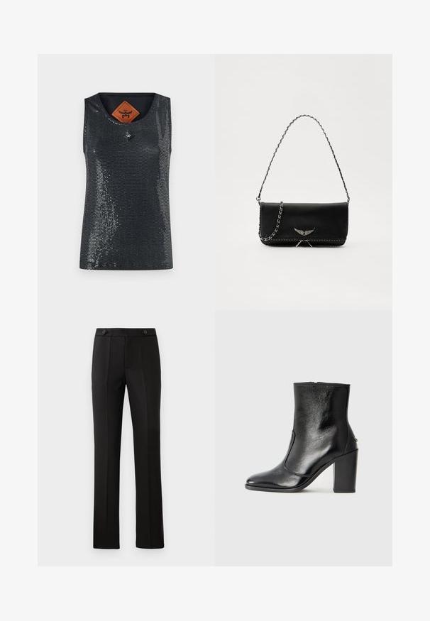 MCM SEQUINS TANK - Topp - black; Mustad kohandatud püksid sirge säärega, kahe esipocketiga, nup closure'iga ja volditud detailidega ees. Sile kangatekstuur.; Must kõvale nahast pahklipsu saapad, millel on sile tekstuur, terav varvas ja paks kõrge kann. Omab külgavatust ja minimalistlikku disaini.; Mustvalge nahk käekott hõbedase ahelsanga ja dekoratiivsete tiivaaktsentidega, samuti valgete õmblustega alumises ühenduses.