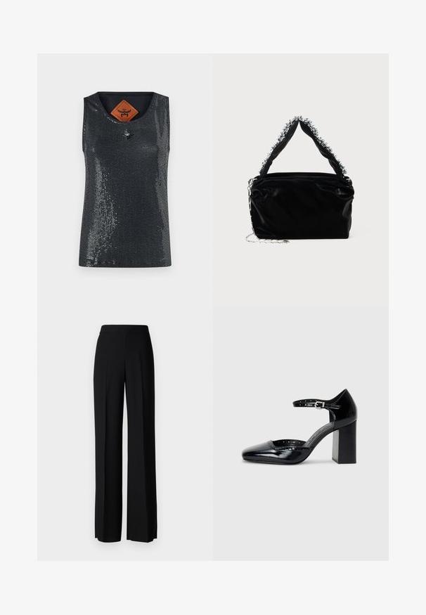 MCM SEQUINS TANK - Top - black; Pantaloni negri cu picioare largi, cu o textură netedă, având o talie înaltă și pliseuri centrale. Fără modele vizibile sau detalii de hardware.; Pantofi cu toc înalt din piele lăcuită neagră, cu vârf pătrat, curea pentru gleznă și toc gros. Include detalii perforate de-a lungul marginii.; Geantă din piele sintetică neagră cu un finisaj texturat, având un accent din mărgele argintii de-a lungul mânerului de sus și o curea din lanț.