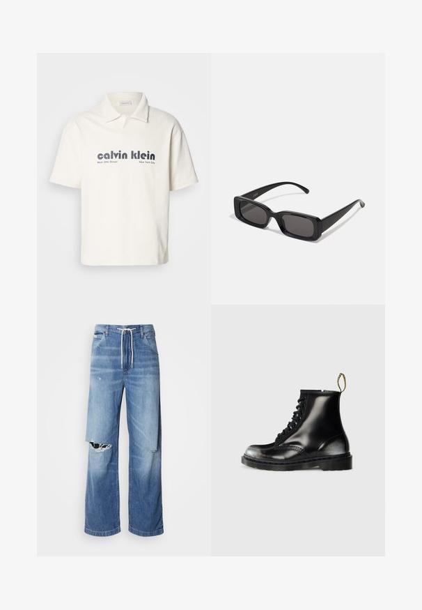 Krém színű, rövid ujjú póló, kontrasztos sötétszürke "calvin klein" logóval és felirattal, sima pamut anyagból készült.; Világoskék farmernadrág laza szabással, fehér húzózsinóros derékpánttal, a elején jellegzetes szakításokkal, amelyeken cérnával szelektált szélek láthatók.; Fekete bőr bokacsizmák fényes felülettel, nyolc fűzőlyukkal, fekete cipőfűzővel és húzófüllel. Mintás talppal rendelkezik.; Fekete, téglalap alakú napszemüveg sötét lencsékkel, fényes felülettel, széles szárakkal és masszív keret designnal. Az egyik szárra gravírozott márkanevével.
