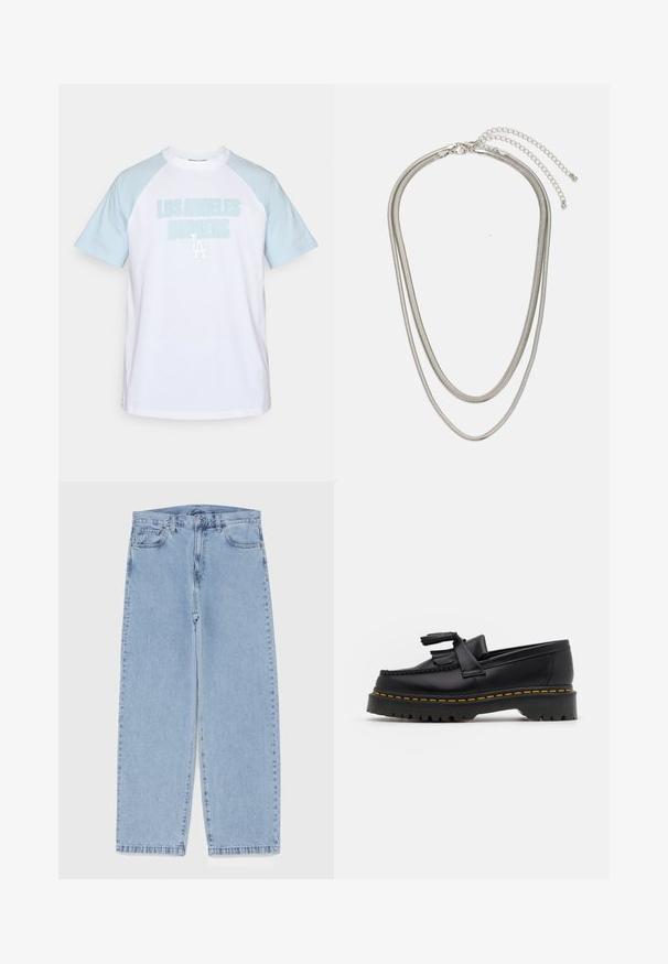 Valkoinen t-paita, jossa on vaaleansiniset raglan-hihat, jossa on suuret vaaleansiniset tekstit "LOS ANGELES DODGERS" ja pieni "LA" -logo.; Vaaleansiniset farkut suoran lahkeen muotoilulla, joissa on puolivälin vyötärö, viisi taskua sekä nappi- ja vetoketjusuljenta.; Musta nahkakengät, joissa on tupsuakkentti, paksu musta pohja ja keltainen ommel reunassa. Rakeinen pinta.; Kolmikerroksinen hopeametallinen kaulakoru, jossa on tyylikkäitä, joustavia ketjuja, joissa on hieno kiilto. Kaulakoru on kiinnitetty hummerilukolla ja siinä on säädettävä ketju.