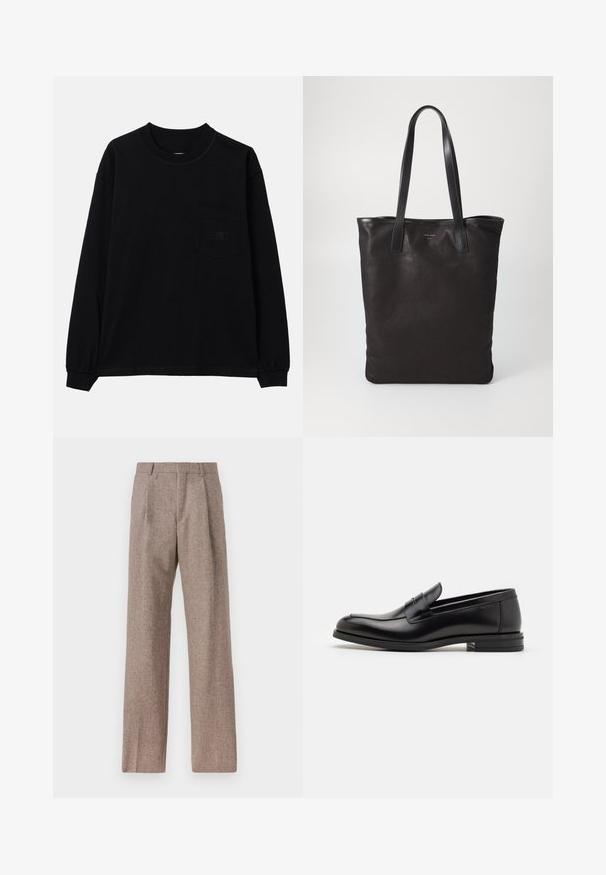 Black long-sleeve T-shirt made of cotton, featuring a round neck, a left chest pocket, and elasticated cuffs. Minimalist design with no patterns.; Brown, high-waisted trousers made of textured fabric. Features wide legs and two front pleats for structure. Neat finish with no visible hardware.; Black leather loafers with a smooth texture, rounded toe, and a decorative strap across the vamp. Low stacked heel, minimalist design.; Black canvas tote bag with black leather handles. Simple design, spacious body, and a smooth texture. No visible logos or patterns.