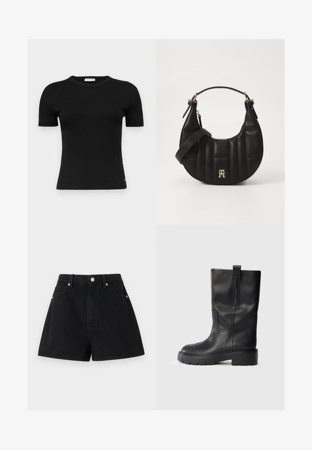 Calvin Klein Jeans LABEL FITTED TEE - Basic T-shirt - black; Black denim shorts with a high waist, five pockets, silver hardware, and a standard fit, featuring a smooth texture and clean finishing.; Black leather knee-high boots with a sleek design, featuring a thick sole and a side pull tab for easy wear. Notable stitching accents.; Black leather handbag with a curved shape, quilted texture, and gold hardware. Features a detachable shoulder strap and logo detail.