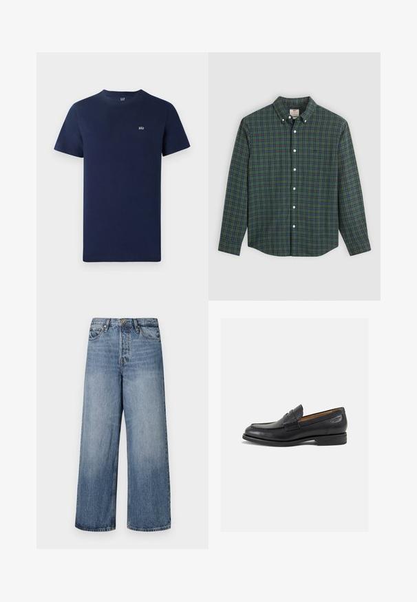 Navyblaue Baumwoll-T-Shirt mit kurzen Ärmeln, Rundhalsausschnitt und einem kleinen gestickten Logo auf der Brust. Einfaches Design, schlichte Textur.; Langarm-Hemd mit grün-blau-gelbem Karomuster, weißen Knöpfen und einem geknöpften Kragen.; Weite blaue Denim-Jeans mit einer ausgewaschenen Optik, Fünf-Taschen-Design und einer Knopfverschluss. Ausgestattet mit Gürtelschlaufen und gestickten Details.; Schwarze Leder Slipper mit glatter Oberfläche, runder Spitze und dekorativer Naht auf dem Vorderblatt. Niedriger Blockabsatz und leichter Glanz.