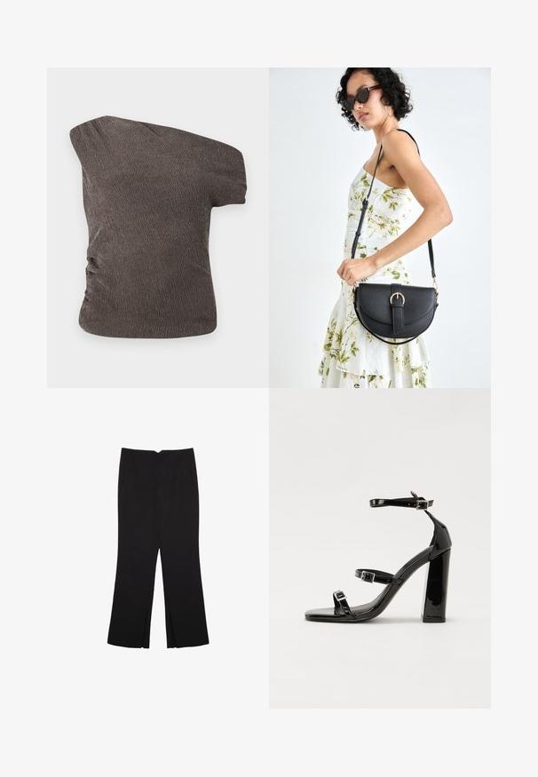 Brun, en-skulder top med et tekstureret, krøllet stof; har en rucheret detalje i siden og en tætsiddende silhuet.; Sorte bukser med lige pasform, der har frontlommer og slidser i kanten. Lavet af blødt, glat stof. Velegnet til forskellige anledninger.; Sorte patenterede hælsandaler med firkantet tå, ankelremme og sølvspænder. Har en chunky blokHæl for stabilitet.; Sort læderhåndtaske med en buet form, aftagelig rem og guldfinish. Tasken har en klap med en spænde detalje.