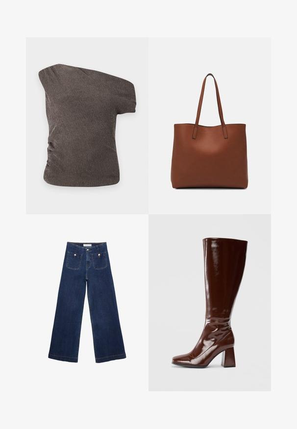 Top marrone a spalla unica realizzato in un tessuto testurizzato e stropicciato; presenta un dettaglio arricciato sul lato e una silhouette aderente.; Pantaloni in denim a gamba larga blu scuro, con due tasche anteriori decorate con bottoni e orlo dritto.; Stivali marroni in pelle verniciata alti fino al ginocchio, con punta quadrata, finitura lucida e taccochunky per stabilità. Design senza soluzione di continuità senza hardware visibile.; Borsa tote in pelle marrone con texture liscia, design con apertura superiore e due spallacci. Presenta cuciture minime e nessun hardware visibile.