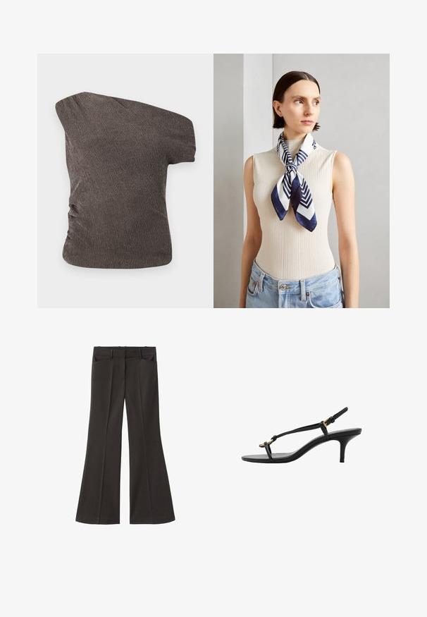 Top marrone a spalla unica realizzato in un tessuto testurizzato e stropicciato; presenta un dettaglio arricciato sul lato e una silhouette aderente.; Pantaloni neri a zampa d'elefante con vita alta; presentano due tasche frontali e una texture del tessuto liscia. Adatti per varie occasioni.; Sandal con zeppa kitten nera in pelle, con sottili cinturini, fibbia dorata e una minimalista fascetta per le dita su sfondo bianco.; Foulard in seta blu navy e bianco con un motivo geometrico a zigzag. Texture liscia, annodato ordinatamente attorno al collo, che completa un top a coste.