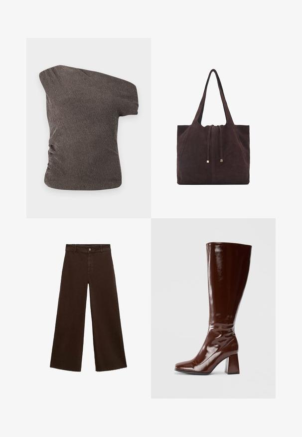 Brązowy top na jedno ramię z teksturowanej, pomarszczonej tkaniny; wyróżnia się marszczeniem po boku i dopasowanym krojem.; Brązowe spodnie o szerokich nogawkach z mieszanki bawełny, z postrzępionym dołem, przednim zapięciem na guzik i klasycznym pięciopocketowym wzorem. Minimalistyczne i uniwersalne.; Brązowe, lakierowane botki do kolan z kwadratowym noskiem, błyszczącym wykończeniem i masywnym obcasem dla lepszej stabilności. Bezszwowy design bez widocznych detali.; Mango - Torba na zakupy