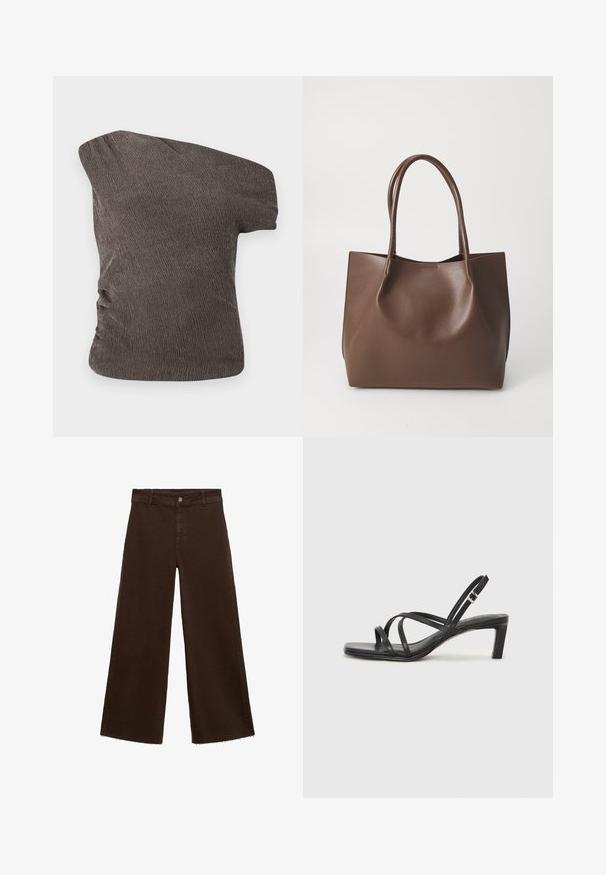 Brun, en-skulder top med et tekstureret, krøllet stof; har en rucheret detalje i siden og en tætsiddende silhuet.; Brune viddebukser i en bomuldsblanding, med en frynset kant, frontknaplukning og klassisk fem-lomme design. Minimalistiske og alsidige.; Sort remsandale med firkantet tå og en lav blokeret hæl. Har flere tynde stropper og en justerbar ankelrem. Fremstillet af glat læder.; Brun læder tote taske med to lange håndtag, struktureret form, glat tekstur og minimalistisk design. Ingen synligt hardware eller accenter.