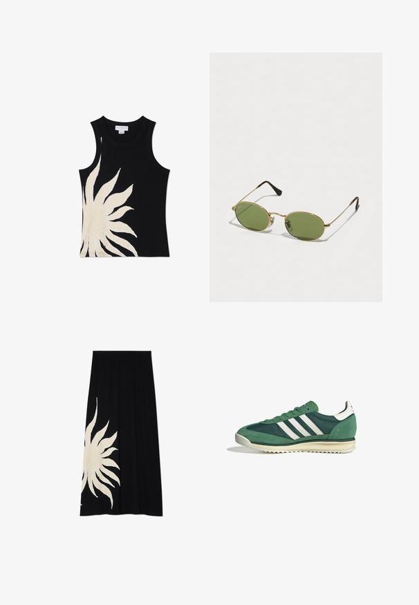 Never Fully Dressed SOL - Top - black; Čierna sukňa s veľkým bielym slnečným motívom na jednej strane, jemná textúra a splývavý strih, vhodná na každodenné nosenie.; Zelené športové topánky s kombinačnou úpravou semišu a syntetických materiálov, tromi bielymi pruhmi a textúrovanou gumovou podrážkou.; Oválne slnečné okuliare so zelenými sklami, zlatým kovovým rámom a tmavohnedými plastovými koncami. Ľahké s viditeľným logom Ray-Ban na jednom zranení.; Žltá skladaná kabelka vyrobená z hladkej eko kože, s jemným tvarom, jedným ramenným popruhom a zhrnutým vrchom.; Strieborné kovové náušnice s vlnitým, sochárskym dizajnom, s lešteným povrchom a nepravidelnými tvarmi, ktoré zvýrazňujú súčasnú estetiku.