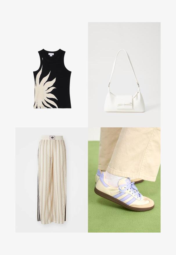 Never Fully Dressed SOL - Top - black; Calças largas de cor creme com um padrão em zigzag, apresentando uma cintura com logotipo preto e riscas laterais pretas. Tecido leve e texturizado.; Sapatilhas em creme e lavanda com três riscas e uma sola castanha texturizada, apresentando atacadores e um calcanhar almofadado. Parte superior em tecido suave.; Mala sintética branca com formato triangular, aba frontal plana e detalhe de laço, alça ajustável, textura suave e design minimalista.