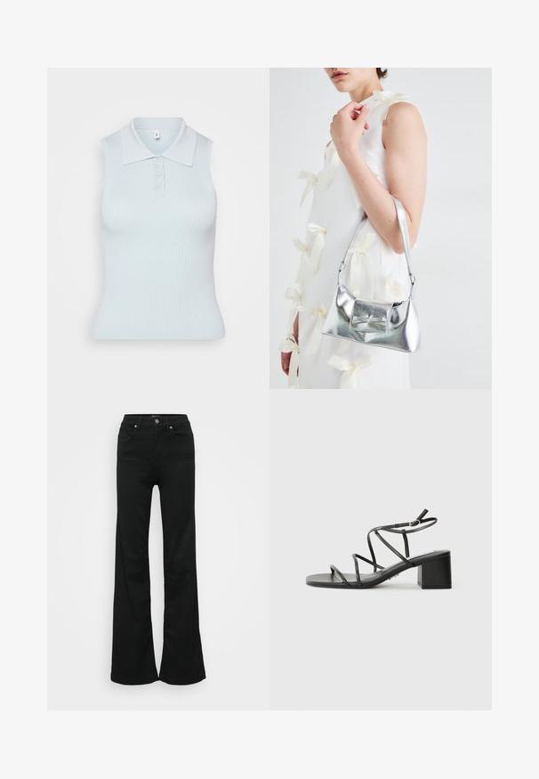 Lyseblå ermeløs polo med ribbestruktur, med krage og tre knapper foran. Enkelt design.; Svarte utsvingte jeans laget av denim, med høy midje, fem lommer og metallknapplukking. Glatt tekstur med minimal detaljering.; Svarte stroppesandaler med firkantet tå og tykk hæl, laget av glatt materiale. Har justerbare ankelstropper og minimalt med utstyr.; Sølvmetallisk håndveske med en strukturert form, med en topphåndtak og sløyfedetalj foran. Glatt tekstur, reflekterende overflate.