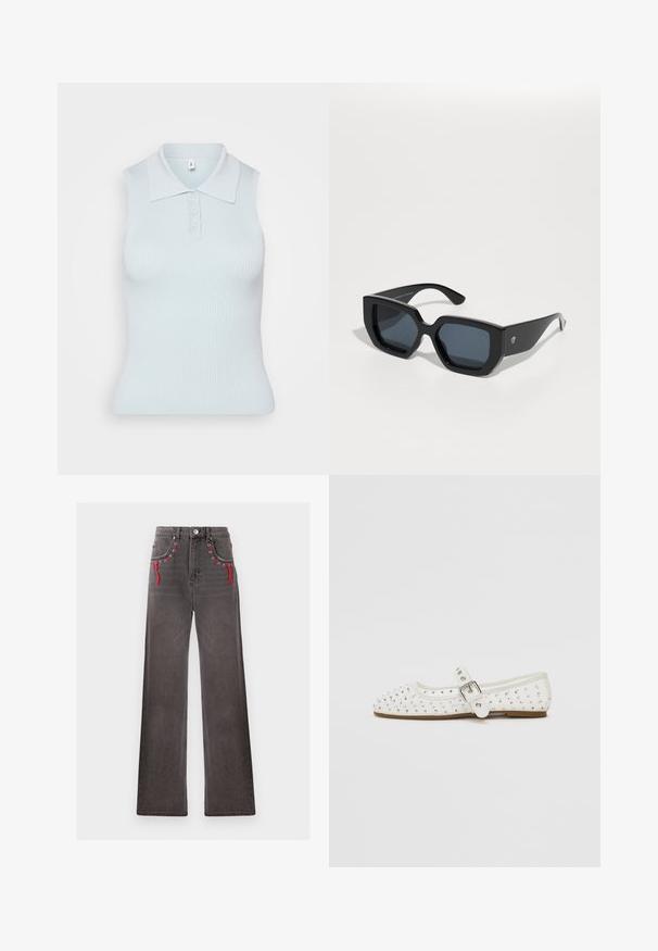 Lyseblå ermeløs polo med ribbestruktur, med krage og tre knapper foran. Enkelt design.; Vide ben, høy midje jeans i falmet svart denim med røde snorer og metallringer på frontlommene. Har klassisk knapp- og glidelåsåpning.; Hvite flate sko med spiss tå, pyntet med sølvnagler, har en spenne stropp over fotbuen og en lys brun såle.; Svart oversized solbriller med geometrisk design, rektangulære linser og blank overflate. Ingen synlig merkevare på forsiden.