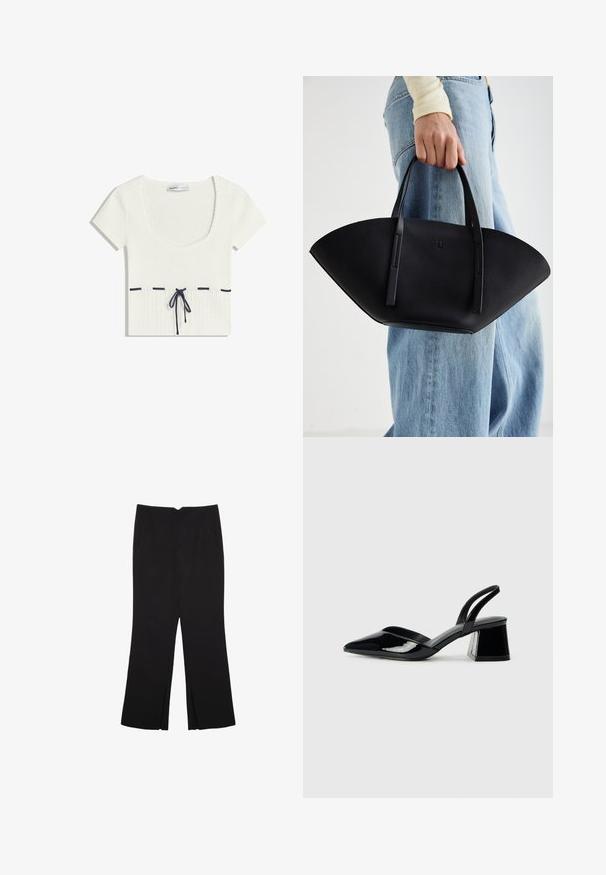 Weißes gestricktes Oberteil mit Rundhalsausschnitt und kurzen Ärmeln. Mit dunkelblauer Kordelzug-Detaillierung an der Taille und horizontalen Akzentlinien.; Schwarze Hose mit geradem Schnitt, ausgestattet mit Fronttaschen und Seitenschlitzen am Saum. Hergestellt aus weichem, glattem Stoff. Geeignet für verschiedene Anlässe.; Schwarze Lackleder-Slingback-High Heels mit spitzem Schuh und einem geometrischen Blockabsatz. Verfügt über ein schlankes, minimalistisches Design und eine glatte Textur.; Schwarze Lederhandtasche mit einzigartiger Fächerform, ausgestattet mit flachen Griffen. Die Oberfläche hat eine genoppte Textur und ein minimalistisches Design.