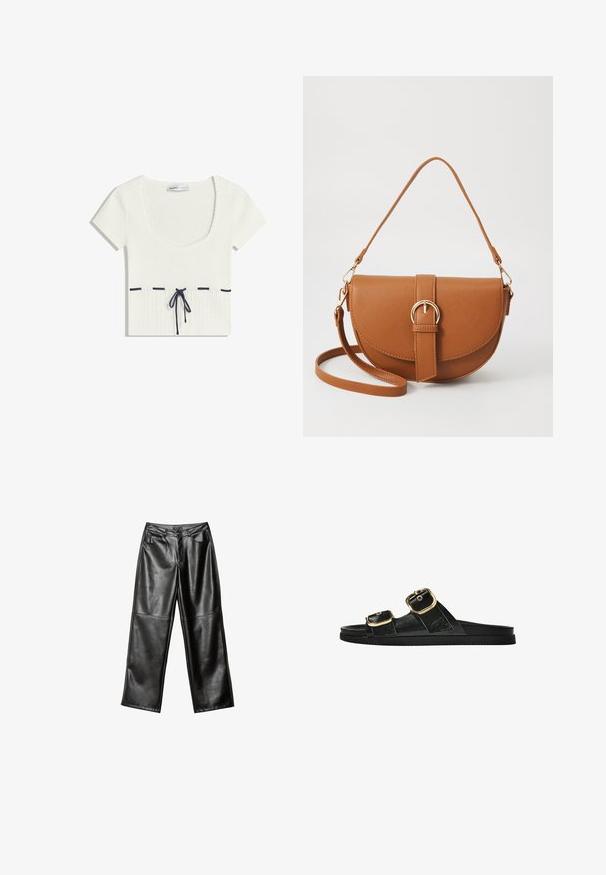 Bela pletena majica s okruglim izrezom i kratkim rukavima. Ima tamnoplave detalje svezanja u struku i horizontalne naglasne linije.; Črne usnjene hlače širokega kroja z gladko teksturo, petimi žepi in šivi vzdolž hlačnic ter pasu.; Črne drsne sandale z dvema zlatima zaponkama, gladkega materiala, ravnim podplatom in minimalističnim dizajnom.; Rjava usnjena torbica prek telesa s ukrivljeno obliko, zlate opreme in sponko. Ima odstranljiv naramni trak.