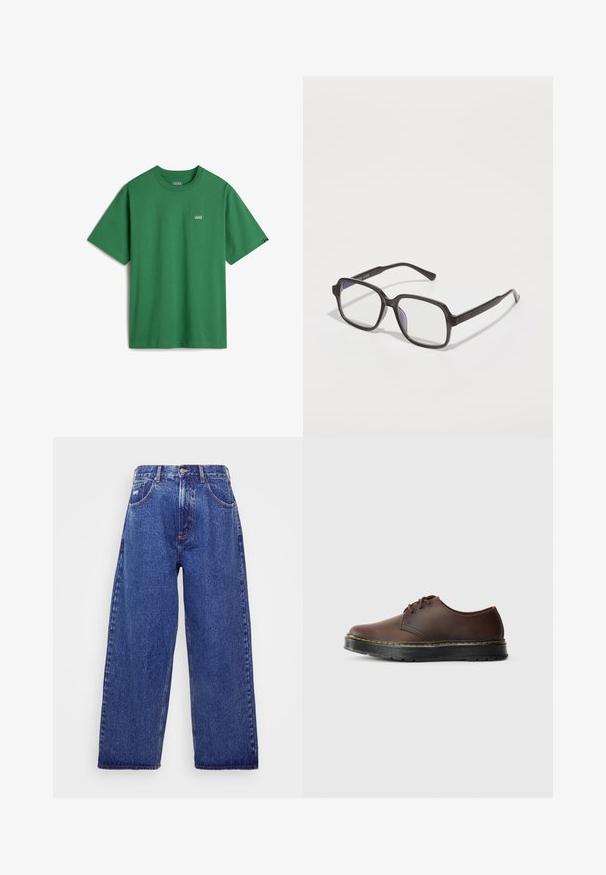 T-shirt in cotone verde con maniche corte, colletto a girocollo e un piccolo logo bianco Vans sul petto. Tessuto morbido, vestibilità rilassata.; Jeans in denim blu a gamba larga con vita alta, dotati di cinque tasche, chiusura con bottone e leggere sfumature per un effetto tatto.; Scarpa in pelle marrone con lacci, punta arrotondata, suola in gomma nera e cuciture gialle lungo il bordo della suola.; Occhiali da vista rettangolari neri con lenti trasparenti, dotati di un ponte piatto e bracci sottili, che mostrano una texture in plastica liscia.