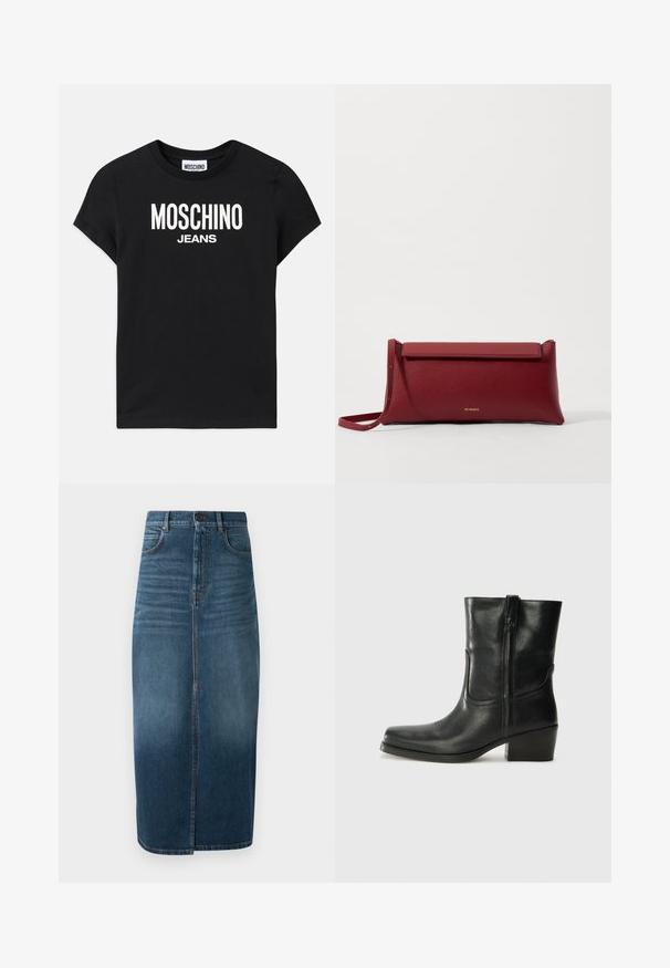 Melnas kokvilnas t-krekls ar īsām piedurknēm, uz kura ir baltie uzraksti "MOSCHINO" un "JEANS" biezā fontā. Klasisks apaļais izgriezums un vienmērīga tekstūra.; Tumši indigo džinsu midi svārki ar priekšējo šķēlumu un vieglu izbalējumu. Klasicks piecu kabatu dizains ar metāla pogas aizdari.; Melna ādas potīte ar noapaļotu purngalu, bloku papēdi, sānu rāvējslēdzēju un šuvju akcentiem uz virsmas. Gluda tekstūra, klasiskā dizaina.; Sarkans ādas klasisks maciņš ar teksturētu virsmu, ar plakanu salokāmu augšpusi un īsu siksniņu. Uz priekšpuses ir smalks zīmola logo.