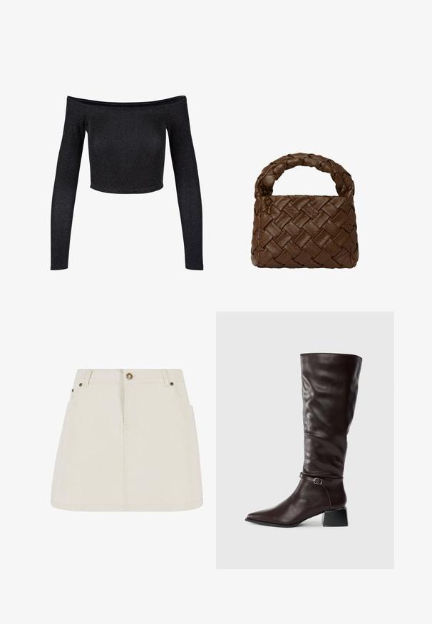 Schwarzes, schulterfreies Crop-Top aus glitzerndem Stoff mit langen Ärmeln und tailliertem Schnitt, ohne zusätzliche Muster oder Akzente.; Denim-Minirock in hellem Beige mit hoher Taille, zwei Fronttaschen und bronzefarbenen Knopfakzenten. Glatte Textur und schlichtes Design.; Hohe, dunkelbraune Lederstiefel mit spitzem Zehenbereich, schmalem Schnallenriemen um den Knöchel und niedrigem Blockabsatz vor weißem Hintergrund.; Braune geflochtene Lederhandtasche mit einem geflochtenen Griff, rechteckiger Form, strukturiertem Oberflächen und nahtloser Verarbeitung.