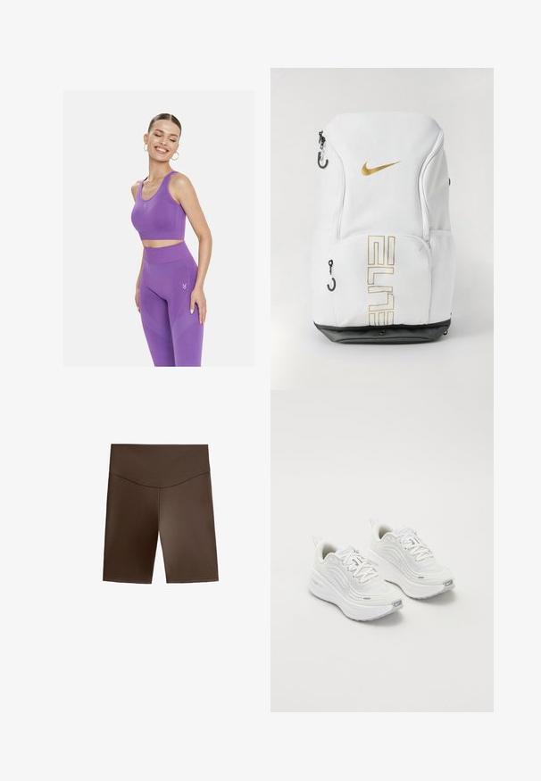 Cardio Bunny CHILL CROP - Top - purple; Pantaloni scurți maro, ajustați, dintr-un material moale și elastic. Aceștia au un talie înaltă și o textură netedă, fără modele sau accente vizibile.; Pantofi sport albi cu un superior din plasă texturată, talpă amortizată și accente subtile de gri. Include branding și un buclă la călcâi pentru a fi ușor de încălțat.; Rucsac Nike alb cu logo auriu și text „ELITE”, cu închideri cu fermoar, buzunare laterale din plasă și bază inferioară neagră. Textură netedă.