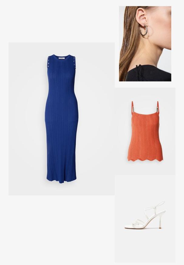 Zigzag mintázatú narancssárga kötött felső, állítható pántokkal és hullámos szegéllyel. Könnyű, texturált anyag.; Ujj nélküli maxi ruha bordás kötött anyagból, élénk kék színben, fényes gombokkal díszített vállpántokkal, szellős, bővülő szegéllyel.; Fehér pántos magassarkú szandál lapos lábujjal, texturált elülső résszel, ráncolt díszítéssel és vékony bokapánttal.; Fémes ezüst színű vödör táska, texturált felülettel, ezüst kerek füllel és húzózárral, világoskék farmer mellett tartva.; Ez egy ezüst fülbevaló, sima felülettel, amelyen apró arany díszítőelemek találhatók. Kerek formájú és a fülcimpán viselik.