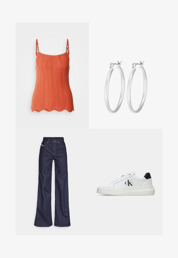 Adīta oranža blūze ar zigzaga rakstu, ar regulējamiem plecu siksnām un viļņotu apakšu. Viegls audums ar teksturētu virsmu.; Tumši zili platleņķa džinsi no denima auduma ar augstu jostasvietu, ar oranžām šuvēm, piecu kabatu dizainu un pogu aizdari.; Baltā zema topa sporta apavas ar melnu papēža cilni, platformas zoli, auklēm un Calvin Klein "CK" logo sānos.; Sudraba riņķveida auss gredzeni ar gludu, pulētu apdari. Apaļa forma un drošs klikšķa augšējais slēgums. Viegls dizains, kas piemērots ikdienas valkāšanai.