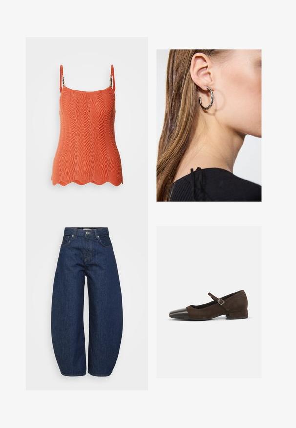 Top arancione lavorato a maglia con motivo a zigzag, dotato di spalline regolabili e orlo scallop. Tessuto leggero con una finitura testurizzata.; Jeans in denim blu scuro a vita alta con gambe larghe, chiusura frontale con bottone e zip, e design classico a cinque tasche.; Scarpa Mary Jane in suede marrone con punta in vernice nera, cinturino regolabile e tacco basso a blocco. Texture liscia con dettagli minimi.; Orecchino a cerchio in argento con finitura lucida, caratterizzato da piccoli dettagli in oro e una forma tondeggiante, indossato sul lobo.