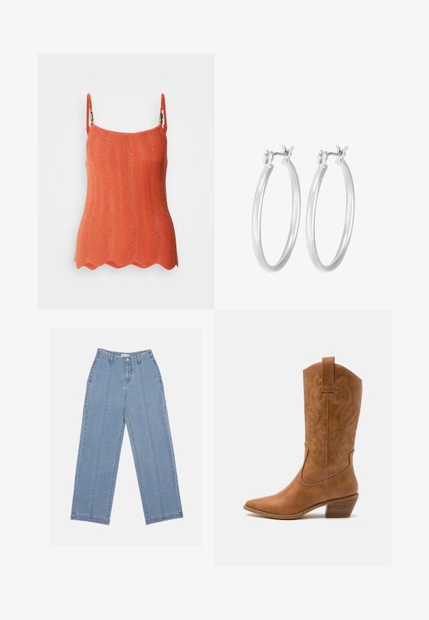 Pletený oranžový top se zigzagovým vzorem, s nastavitelnými ramínky a vlnkovým lemem. Lehce tkanina s texturovaným povrchem.; Světle modré džínové kalhoty s širokými nohavicemi. Mají vysoký pas, knoflíkové zapínání a viditelné prošití. Na přední straně nejsou viditelné kapsy.; Hnědé kožené kovbojské boty s špičatou špičkou, vyšívanými spirálovými vzory na štítech a s blokovým podpatkem. Obsahují poutko pro snadné obouvání.; Stříbrné kruhové náušnice s hladkým, lesklým povrchem. Kulatý tvar a bezpečné zapínání na klip. Lehký design vhodný pro každodenní nošení.