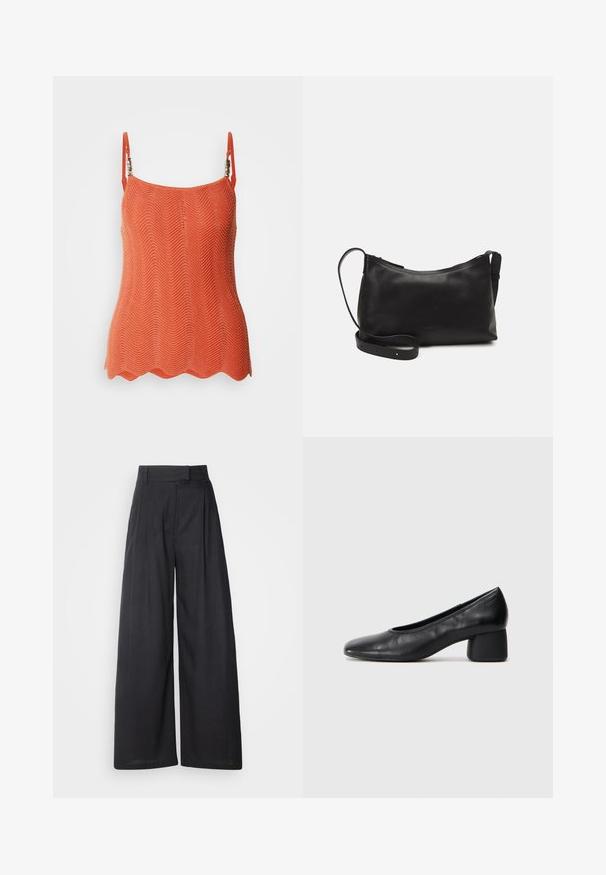 Stickad orange topp med ett zigzag-mönster, med justerbara axelremmar och en scalloped nederkant. Lättviktig tyg med en strukturerad yta.; Mörka, vida byxor med en strukturerad midja och veck. Tillverkade av lätt material med en slät yta och utan synliga mönster.; Svart läderpumpsko med rund tå och medelhög blockklack. Slät textur med minimal detaljering, med en diskret elastisk öppning.; Svart läder axelväska med en slät yta, rundad form, justerbar rem och dragkedjestängning. Minimalistisk design utan utsmyckningar.