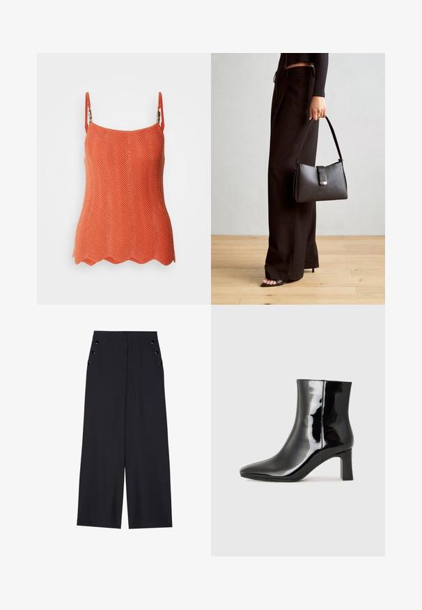 Kudumust oranži topp, millel on siksakmuster, reguleeritavad sangad ja laineline äär. Kerge kanga tekstuuriga viimistlus.; Laiad püksid tumesinises kangas, millel on sile tekstuur, ees pleedid ja dekoratiivsed kuldset värvi järgipuuaugud küljetaskutel.; Must-sinine nahkjalats musta läikiva viimistlusega, millel on terav nina ja keskmise kõrgusega plokk konts. Sile tekstuur ja minimalistik disain.; Must musta kott, millel on struktureeritud kuju, sile tekstuur ja metallist klamber. Kombineeritud laiate mustade pükstega ja avatud varvaste sandaalidega puidust põrandal.